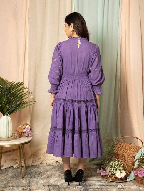AAHELI RADIANT MEADOWS PURPLE COTTON KANTHA TIERED DRESS AAHELI RADIANT MEADOWS PURPLE COTTON KANTHA TIERED DRESS