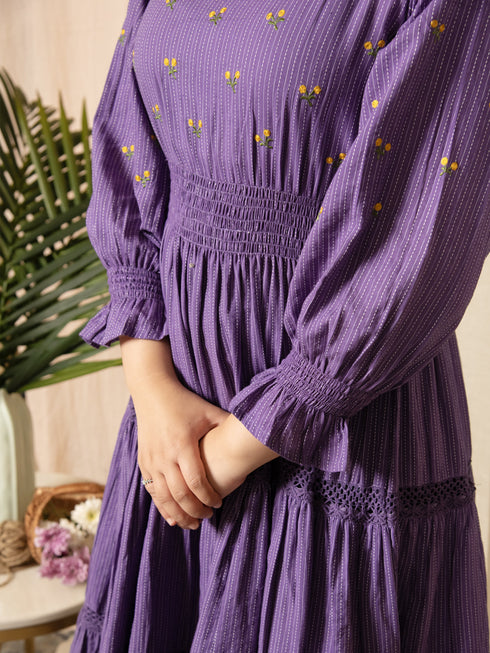 AAHELI RADIANT MEADOWS PURPLE COTTON KANTHA TIERED DRESS AAHELI RADIANT MEADOWS PURPLE COTTON KANTHA TIERED DRESS