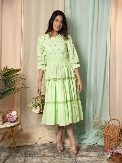 AAHELI RADIANT MEADOWS PASTEL GREEN COTTON KANTHA TIERED DRESS AAHELI RADIANT MEADOWS PASTEL GREEN COTTON KANTHA TIERED DRESS