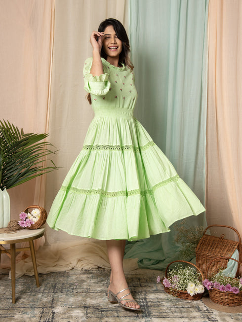 AAHELI RADIANT MEADOWS PASTEL GREEN COTTON KANTHA TIERED DRESS AAHELI RADIANT MEADOWS PASTEL GREEN COTTON KANTHA TIERED DRESS