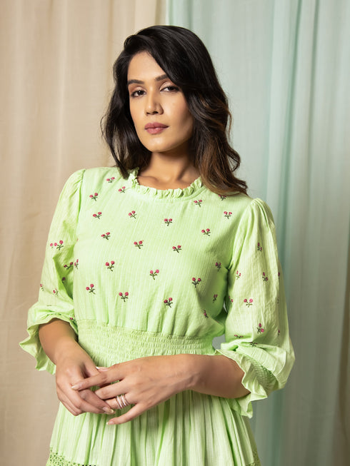 AAHELI RADIANT MEADOWS PASTEL GREEN COTTON KANTHA TIERED DRESS AAHELI RADIANT MEADOWS PASTEL GREEN COTTON KANTHA TIERED DRESS