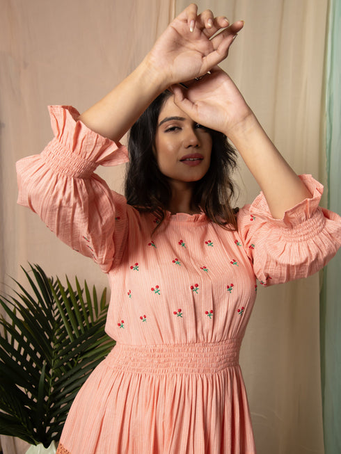 AAHELI RADIANT MEADOWS PEACH COTTON KANTHA TIERED DRESS AAHELI RADIANT MEADOWS PEACH COTTON KANTHA TIERED DRESS