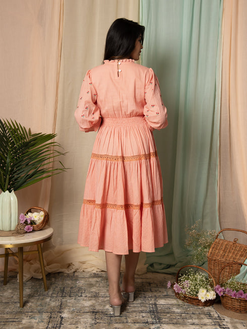 AAHELI RADIANT MEADOWS PEACH COTTON KANTHA TIERED DRESS AAHELI RADIANT MEADOWS PEACH COTTON KANTHA TIERED DRESS