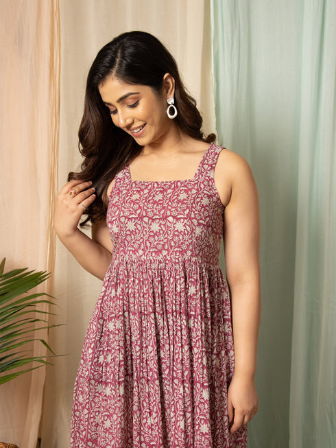 MULMUL NEITY FLORAL JAAL HAND BLOCK PRINTED MIDI DRESS MULMUL NEITY FLORAL JAAL HAND BLOCK PRINTED MIDI DRESS