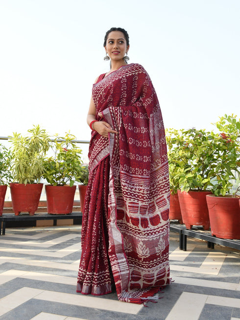 AAHELI ISHAANA BLOCK-PRINTED LINEN SAREE AAHELI ISHAANA BLOCK-PRINTED LINEN SAREE