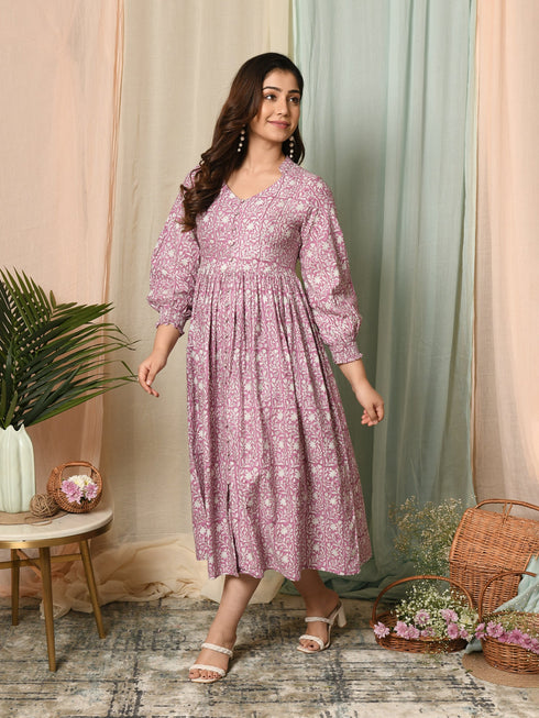 MULMUL TURVI FLORAL BLOCK PRINTED DRESS MULMUL TURVI FLORAL BLOCK PRINTED DRESS