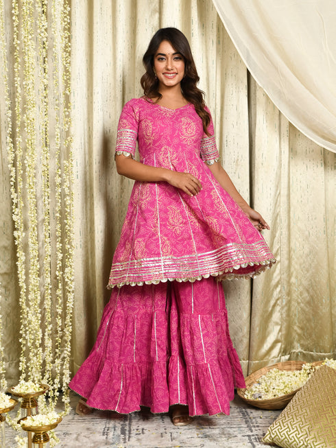 MULMUL DARMIKA PINK BLOCK PRINTED FLARED KURTA-SHARARA & DUPATTA SET MULMUL DARMIKA PINK BLOCK PRINTED FLARED KURTA-SHARARA & DUPATTA SET