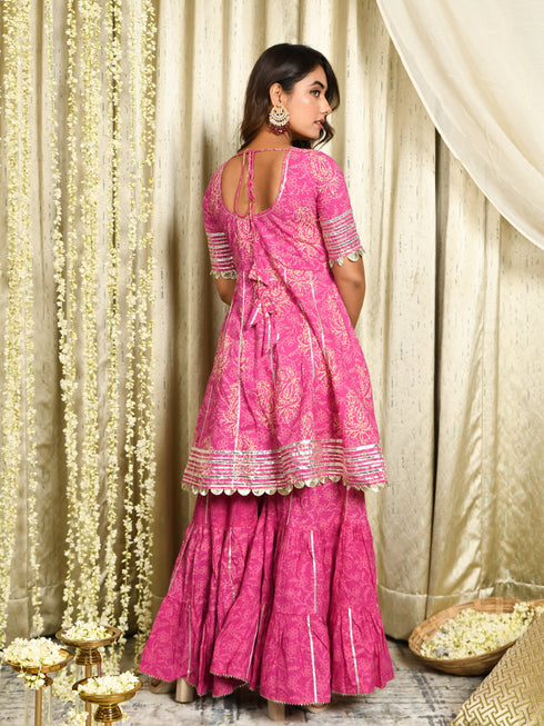 MULMUL DARMIKA PINK BLOCK PRINTED FLARED KURTA-SHARARA & DUPATTA SET MULMUL DARMIKA PINK BLOCK PRINTED FLARED KURTA-SHARARA & DUPATTA SET