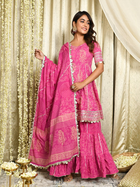 MULMUL DARMIKA PINK BLOCK PRINTED FLARED KURTA-SHARARA & DUPATTA SET MULMUL DARMIKA PINK BLOCK PRINTED FLARED KURTA-SHARARA & DUPATTA SET