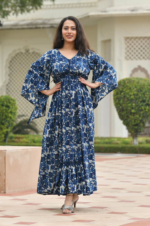 AAHELI FLORAL NAVY-BLUE PRINTED FLARED DRESS AAHELI FLORAL NAVY-BLUE PRINTED FLARED DRESS