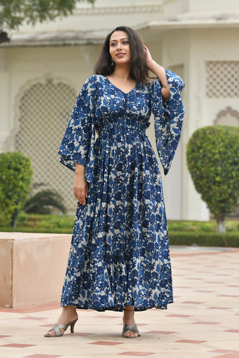 AAHELI FLORAL NAVY-BLUE PRINTED FLARED DRESS AAHELI FLORAL NAVY-BLUE PRINTED FLARED DRESS