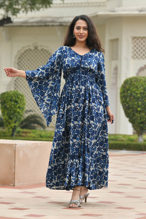 AAHELI FLORAL NAVY-BLUE PRINTED FLARED DRESS AAHELI FLORAL NAVY-BLUE PRINTED FLARED DRESS