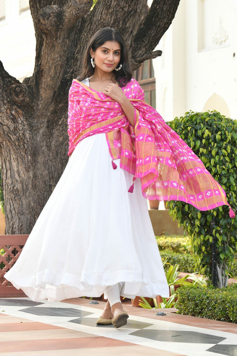 AAHELI MORNING GLORY PINK BANDHANI DUPATTA AAHELI MORNING GLORY PINK BANDHANI DUPATTA