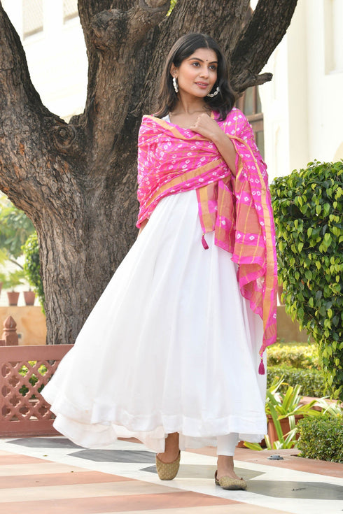 AAHELI MORNING GLORY PINK BANDHANI DUPATTA AAHELI MORNING GLORY PINK BANDHANI DUPATTA