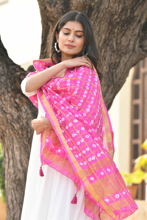 AAHELI MORNING GLORY PINK BANDHANI DUPATTA AAHELI MORNING GLORY PINK BANDHANI DUPATTA