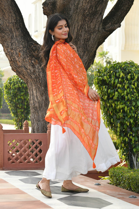 AAHELI TANGERINE BANDHANI DUPATTA AAHELI TANGERINE BANDHANI DUPATTA