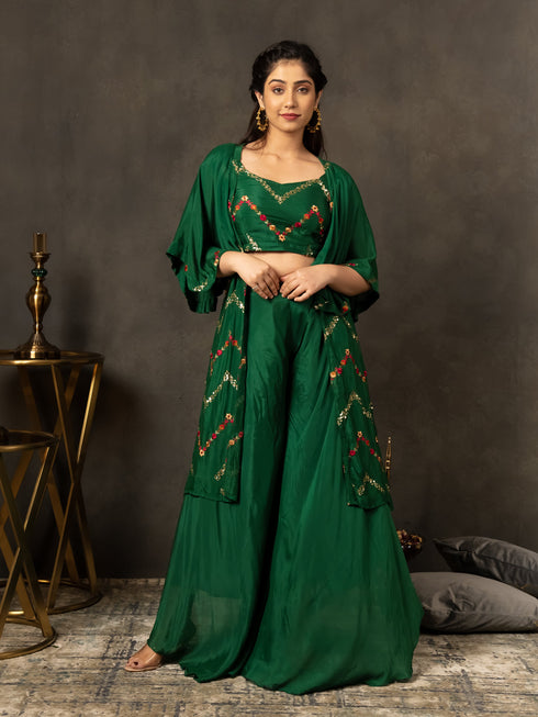 MULMUL BOTTLE GREEN SEQUIN EMBROIDERED CO-ORD SET MULMUL BOTTLE GREEN SEQUIN EMBROIDERED CO-ORD SET