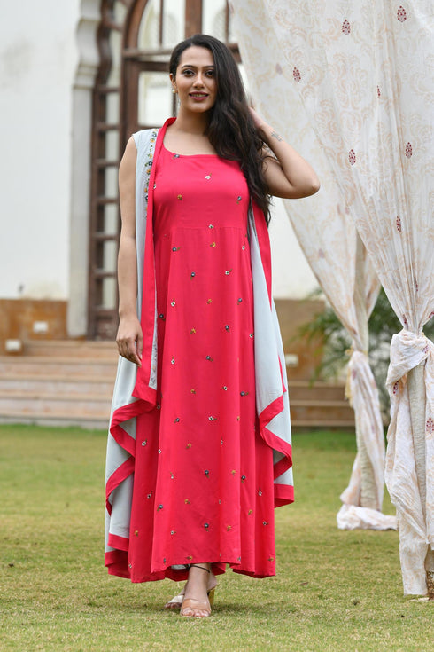 AAHELI RASPBERRY-GREY EMBROIDERED DRESS WITH SHRUG AAHELI RASPBERRY-GREY EMBROIDERED DRESS WITH SHRUG