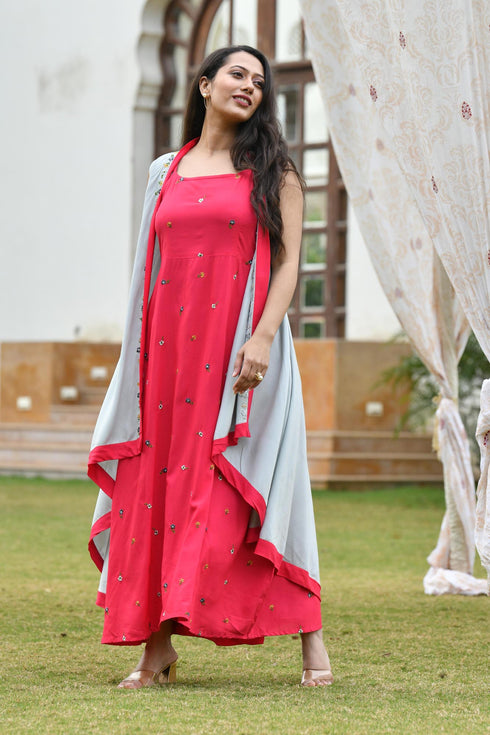 AAHELI RASPBERRY-GREY EMBROIDERED DRESS WITH SHRUG AAHELI RASPBERRY-GREY EMBROIDERED DRESS WITH SHRUG