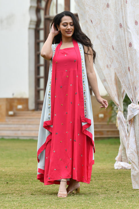AAHELI RASPBERRY-GREY EMBROIDERED DRESS WITH SHRUG AAHELI RASPBERRY-GREY EMBROIDERED DRESS WITH SHRUG