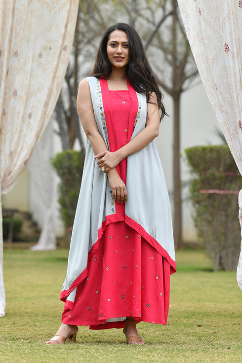 AAHELI RASPBERRY-GREY EMBROIDERED DRESS WITH SHRUG AAHELI RASPBERRY-GREY EMBROIDERED DRESS WITH SHRUG