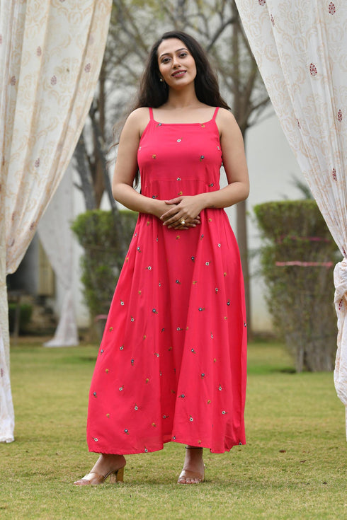 AAHELI RASPBERRY-GREY EMBROIDERED DRESS WITH SHRUG AAHELI RASPBERRY-GREY EMBROIDERED DRESS WITH SHRUG