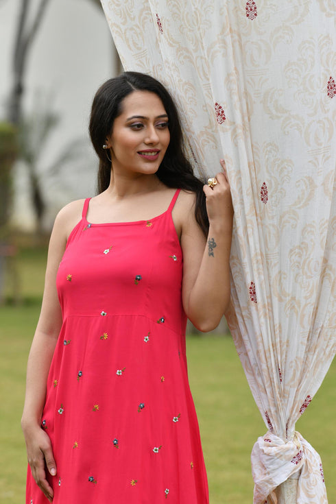AAHELI RASPBERRY-GREY EMBROIDERED DRESS WITH SHRUG AAHELI RASPBERRY-GREY EMBROIDERED DRESS WITH SHRUG