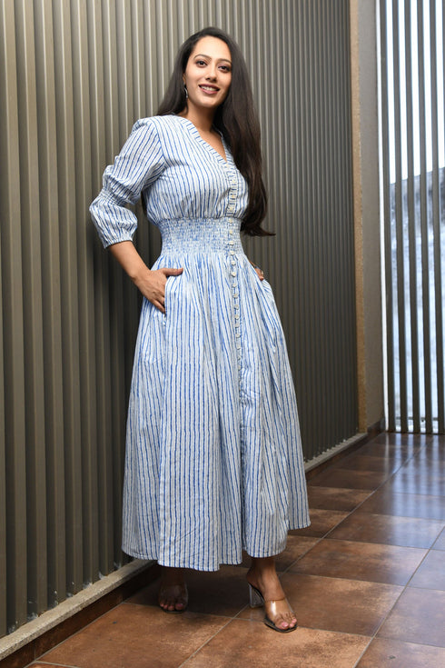AAHELI BLUE PRINTED STRIPED COTTON COMFY DRESS AAHELI BLUE PRINTED STRIPED COTTON COMFY DRESS