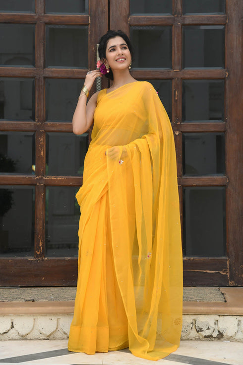 MULMUL SUNEHRI GOTA PATTI-BUTTON WORK CHIFFON SAREE MULMUL SUNEHRI GOTA PATTI-BUTTON WORK CHIFFON SAREE