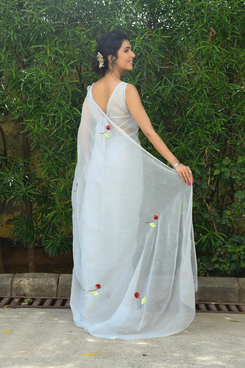 MULMUL NURI SEQUIN AARI WORK CHIFFON SAREE MULMUL NURI SEQUIN AARI WORK CHIFFON SAREE