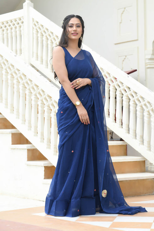 MULMUL AABROO BLUE PITTAN WORK CHIFFON SAREE MULMUL AABROO BLUE PITTAN WORK CHIFFON SAREE