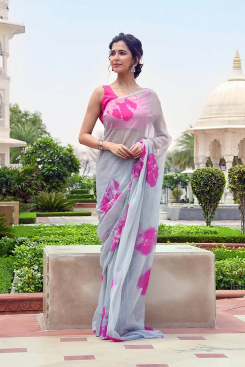 MULMUL ARISHA GREY-FUCHSIA BANDHANI CHIFFON SAREE MULMUL ARISHA GREY-FUCHSIA BANDHANI CHIFFON SAREE