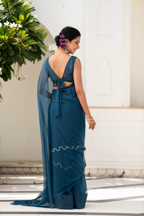 MULMUL BLUE-STAR CHIFFON SAREE MULMUL BLUE-STAR CHIFFON SAREE