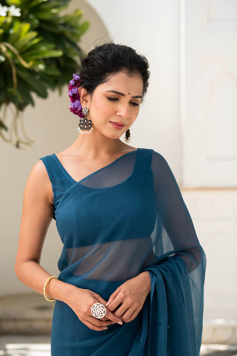 MULMUL BLUE-STAR CHIFFON SAREE MULMUL BLUE-STAR CHIFFON SAREE