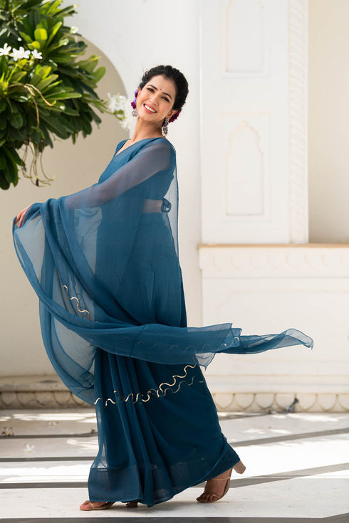MULMUL BLUE-STAR CHIFFON SAREE MULMUL BLUE-STAR CHIFFON SAREE