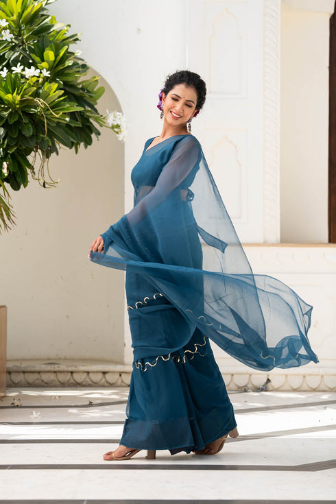 MULMUL BLUE-STAR CHIFFON SAREE MULMUL BLUE-STAR CHIFFON SAREE