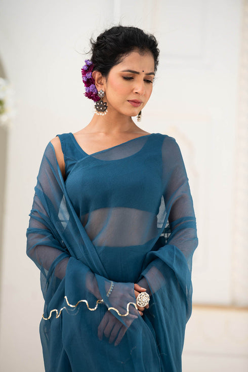 MULMUL BLUE-STAR CHIFFON SAREE MULMUL BLUE-STAR CHIFFON SAREE