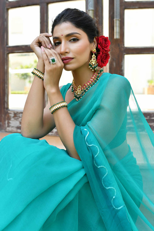 MULMUL TEAL ORCHID CHIFFON SAREE MULMUL TEAL ORCHID CHIFFON SAREE