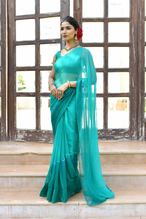 MULMUL TEAL ORCHID CHIFFON SAREE MULMUL TEAL ORCHID CHIFFON SAREE