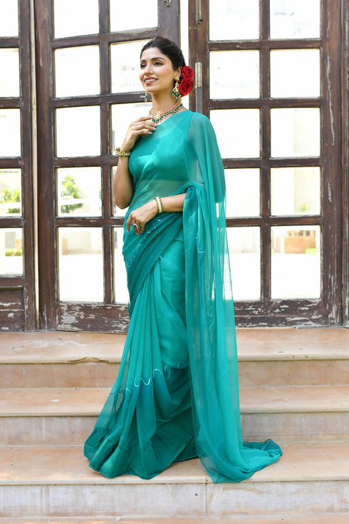 MULMUL TEAL ORCHID CHIFFON SAREE MULMUL TEAL ORCHID CHIFFON SAREE