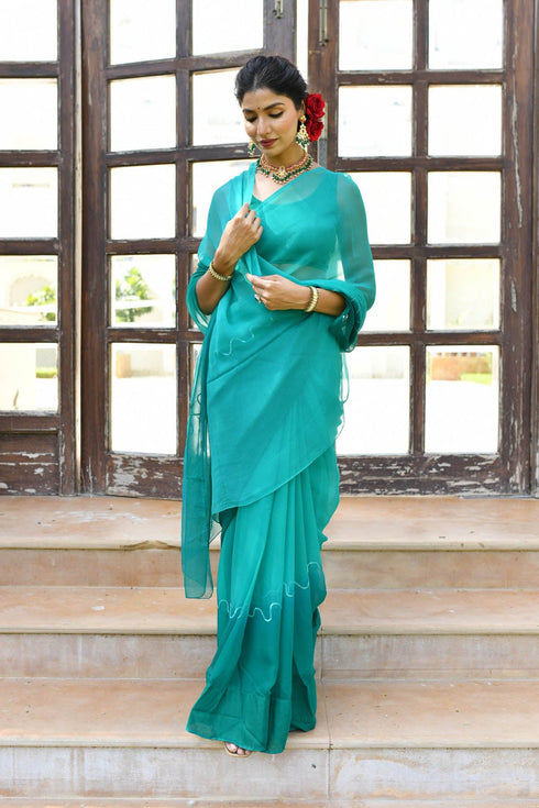 MULMUL TEAL ORCHID CHIFFON SAREE MULMUL TEAL ORCHID CHIFFON SAREE