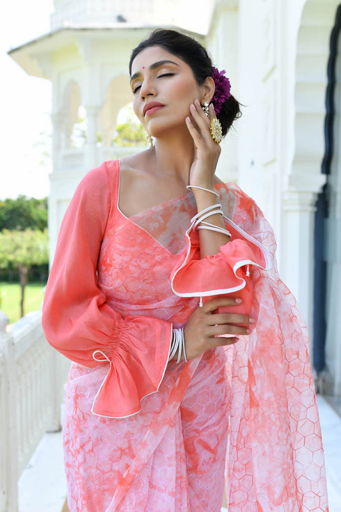 MULMUL SHUBHRA CORAL ORGANZA SAREE MULMUL SHUBHRA CORAL ORGANZA SAREE