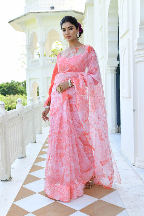 MULMUL SHUBHRA CORAL ORGANZA SAREE MULMUL SHUBHRA CORAL ORGANZA SAREE
