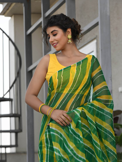 MULMUL TRIKAA GREEN-YELLOW LEHERIYA CHIFFON SAREE MULMUL TRIKAA GREEN-YELLOW LEHERIYA CHIFFON SAREE