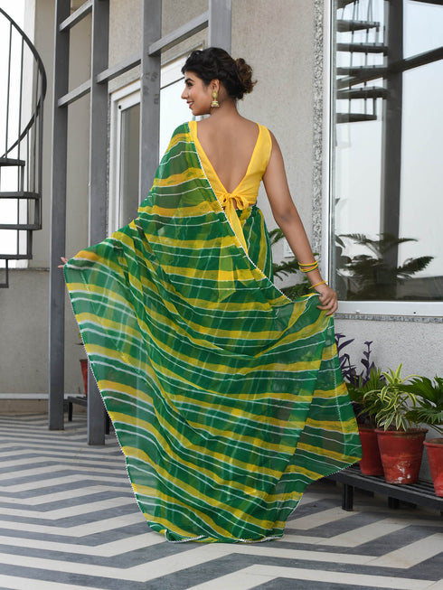 MULMUL TRIKAA GREEN-YELLOW LEHERIYA CHIFFON SAREE MULMUL TRIKAA GREEN-YELLOW LEHERIYA CHIFFON SAREE