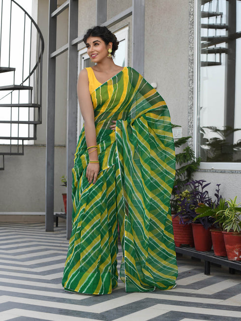 MULMUL TRIKAA GREEN-YELLOW LEHERIYA CHIFFON SAREE MULMUL TRIKAA GREEN-YELLOW LEHERIYA CHIFFON SAREE