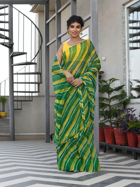 MULMUL TRIKAA GREEN-YELLOW LEHERIYA CHIFFON SAREE MULMUL TRIKAA GREEN-YELLOW LEHERIYA CHIFFON SAREE