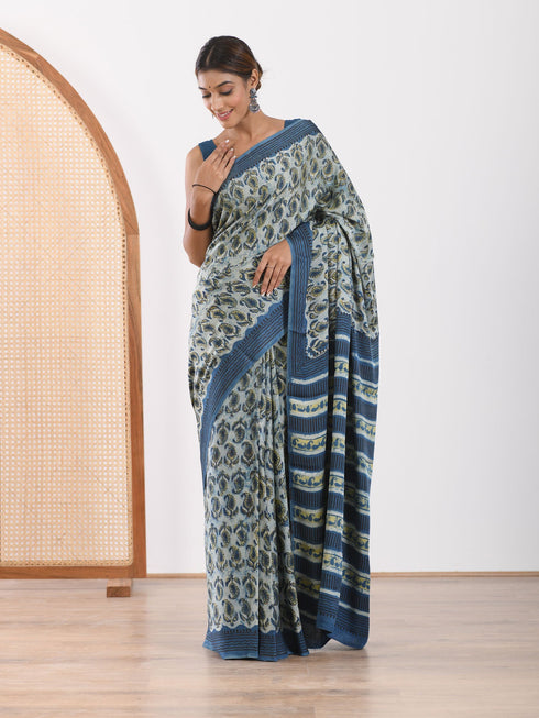 MULMUL FAIENCE BLOCK PRINTED MODAL SATIN SAREE MULMUL FAIENCE BLOCK PRINTED MODAL SATIN SAREE