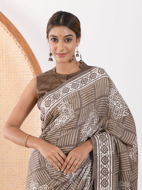 MULMUL TAUPE BLOCK PRINTED MODAL SATIN SAREE MULMUL TAUPE BLOCK PRINTED MODAL SATIN SAREE