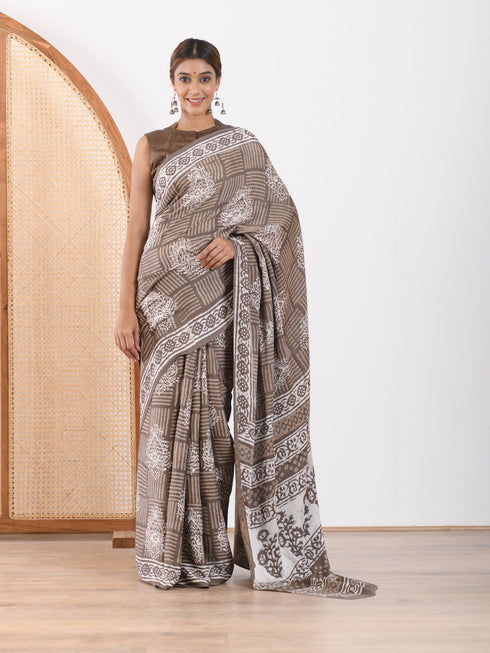 MULMUL TAUPE BLOCK PRINTED MODAL SATIN SAREE MULMUL TAUPE BLOCK PRINTED MODAL SATIN SAREE